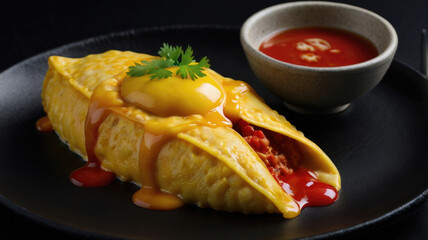 Mexican enchiladas with tomato sauce and cheese on black plate