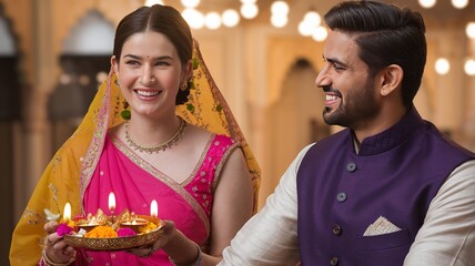 Wall Mural - Happy Diwali, happy Indian couple  holding diya, celebrating Diwali, the festival of lights.