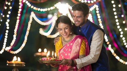 Wall Mural - Happy Diwali, happy Indian couple  holding diya, celebrating Diwali, the festival of lights.