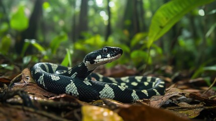 Wall Mural - Black and White Banded Snake Camouflaged in Rainforest Undergrowth