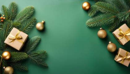 Wall Mural - Christmas Tree Branches with Gifts and Ornaments on Green Background