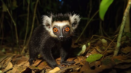 Wall Mural - Black and White Ruffed Lemur with Orange Eyes in Forest