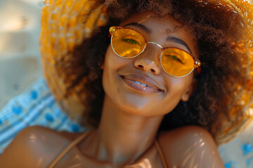 On a sunny summer day, wide-angle view captures vibrant energy of a beautiful black girl traveling alone, as she explores new destinations with a sense of freedom and confidence, embracing world with