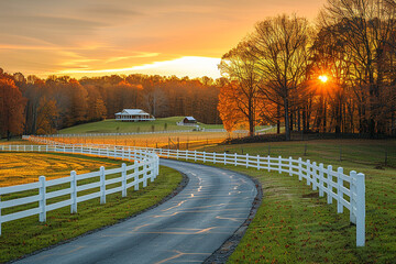 winding gated road lined with a pristine white fence sun sets on a crisp autumn evening, leading to opulent luxury homes nestled on sprawling acreage in a picturesque r