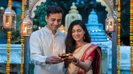 Wall Mural - Happy Diwali, happy Indian couple  holding diya, celebrating Diwali, the festival of lights.