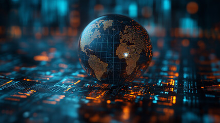 Global Connectivity: A 3D rendering of the Earth resting upon a complex circuit board, symbolizing the interconnectedness of our world and the power of technology.  