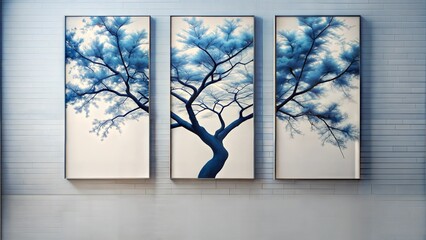 Wall Mural - set of three vertical poster, minimalist blue tree wall art deco