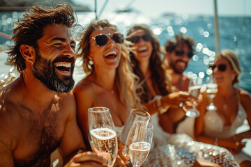 A panoramic view captures exhilarating sight of a group of men and women, laughing and toasting champagne, as they revel in luxury of an outdoor celebration on a catamaran yacht, sailing through spar