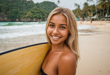 suntanned blond dyed indonesian or asian young woman holding a surfboard and going surfing on sandy beach on tropical island with palm trees, surfer paradise and vacation