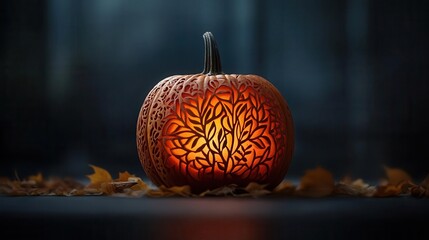 A beautifully carved pumpkin with intricate leaf designs, glowing warmly in a dark setting, perfect for autumn and Halloween themes.