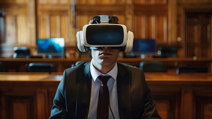 man wearing a virtual reality headset in a courtroom. This image depicts the potential of technology to impact the legal profession in the future.