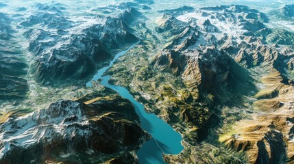 Close up Detailed 3D map with mountain topography, aerial photography. with scenic background. Ai generated image