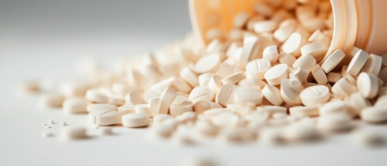 Close-up of scattered white pills from an open bottle, showcasing medicinal treatment and healthcare concepts.