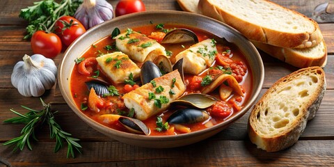 Portion of Livorno fish stew with toast , seafood, Italian cuisine, Mediterranean, traditional, tasty, homemade, delicious, gourmet