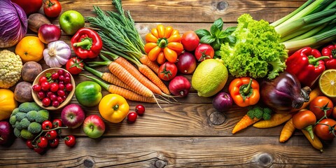 Wall Mural - Fresh and colorful fruits and vegetables on a rustic wooden table, healthy, organic, farm fresh, produce, vibrant