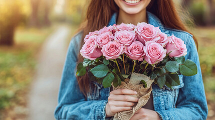 close-up of a woman's hand gently holding vibrant flowers, capturing the delicate textures and vivid colors. This intimate shot symbolizes growth, beauty, and the nurturing nature of humanity