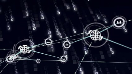 Binary code and network connections animating on dark background with digital icons