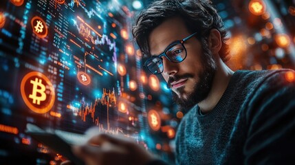 ** tech-savvy man analyzing cryptocurrency data on tablet with bitcoin symbols in futuristic environ
