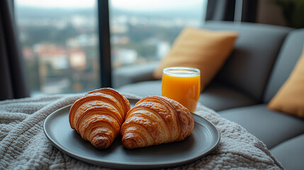 delicious continental breakfast spread featuring freshly baked croissants, a glass of orange juice, a steaming cup of coffee, and fresh fruit, set on a rustic wooden table with natural light