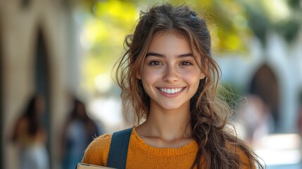 Beautiful student girl smiling while holding books outdoors