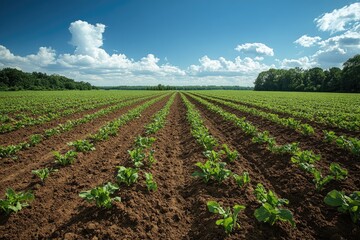 young sugar beet plants growing in cultivated agricultural field