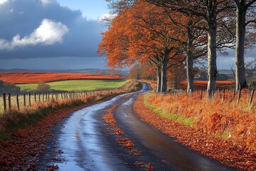 Empty countryside road winding through forest in autumn