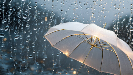 Transparent umbrella under rain against water drops splash background, Generative AI