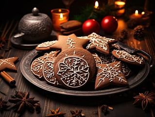 Wall Mural - Top view of gingerbread cookies with cinnamon sticks for christmas.