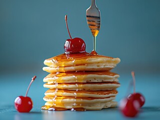 Wall Mural - drizzling maple syrup on stack of pancakes with cherry on top