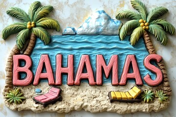 Bahamas souvenir magnet showing two palm trees and beach chairs