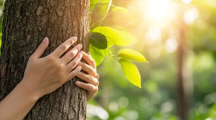 Poster - Woman's hands gently embrace a tree trunk in a lush forest, symbolizing a deep connection with nature, environmental awareness, and the nurturing bond between humans and the Earth