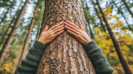 Poster - Woman's hands gently embrace a tree trunk in a lush forest, symbolizing a deep connection with nature, environmental awareness, and the nurturing bond between humans and the Earth