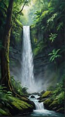 painting of a waterfall in a forest with a tree in the foreground