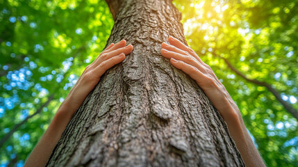 Wall Mural - Woman's hands gently embrace a tree trunk in a lush forest, symbolizing a deep connection with nature, environmental awareness, and the nurturing bond between humans and the Earth