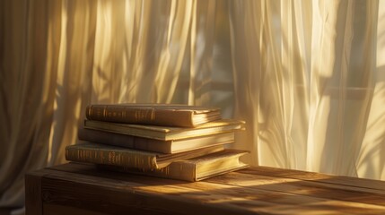 Canvas Print - Stack of Books on a Wooden Table by a Window