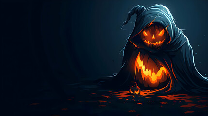 Jack-o'-Lantern's Glowing Grin in the Dark Night, Halloween Horror Background