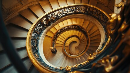 Golden spiral staircase in a grand building, architectural elegance and classic design, interior background