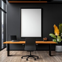a minimalist office with one large blank picture frame centered on a white wall. the space is empty 