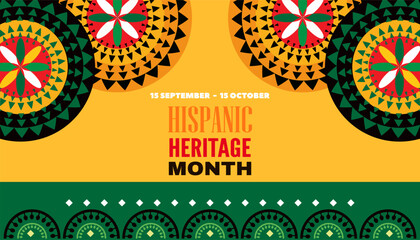 National hispanic heritage month banner with latin geometrical patterns, mexican flowers, guitar Art poster cultural traditions  Spanish event celebration Vector illustration template flat background