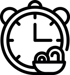 Sticker - Simple black and white icon of an alarm clock ringing next to a bowl of steaming noodles, perfect for representing breakfast time