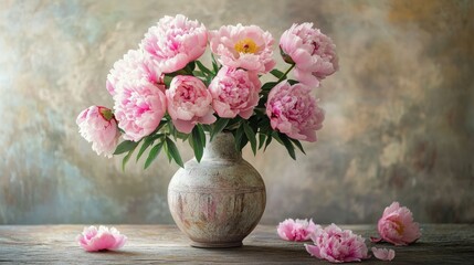 Wall Mural - Pink peonies in a vintage vase on a rustic table, romantic floral decor and soft light, elegant and timeless home setting