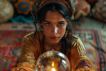 Gypsy young woman fortune teller working with glowing crystal ball, predicting future, looking directly into camera, esoteric mysticism decorations in, Generative AI