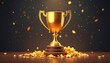 © umut hasanoglu - A golden trophy on a dark background surrounded by scattered golden confetti, symbolizing victory and celebration.