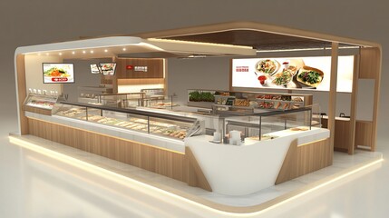 Modern Food Kiosk with Illuminated Display and Counter