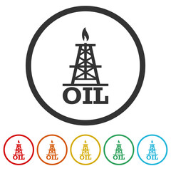 Poster - Pump jack, oil rig, petroleum derrick icon. Set icons in color circle buttons