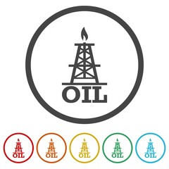 Poster - Pump jack, oil rig, petroleum derrick icon. Set icons in color circle buttons