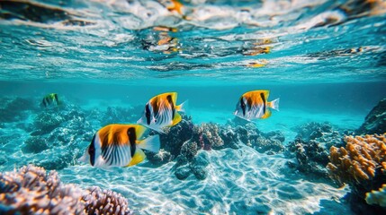 Tropical fish swimming in clear, turquoise water near a coral reef, vibrant underwater life and colorful marine ecosystem, perfect summer dive