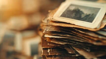 Aging Memories, A close-up view of stacked vintage photographs, showcasing the wear and nostalgia of past moments captured in time, hinting at forgotten stories.