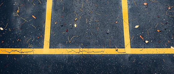 Empty parking lot with yellow line markings on rough asphalt surface covered with scattered leaves and cracks.