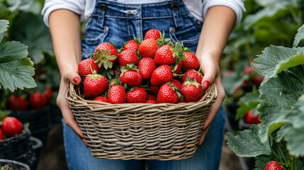 Wall Mural - woman's hand gracefully holds a basket filled with an assortment of ripe, vibrant fruits. The fresh produce symbolizes abundance, vitality, and a connection to nature's bounty